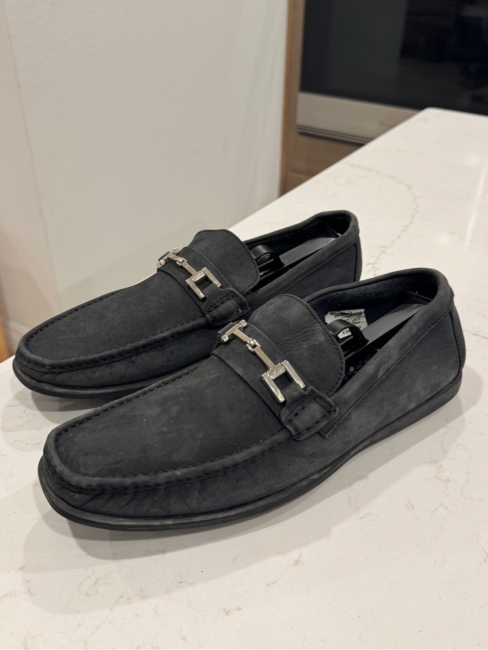 F.Nebuloni Men's Black Suede Driving Loafers with Silver Hardware